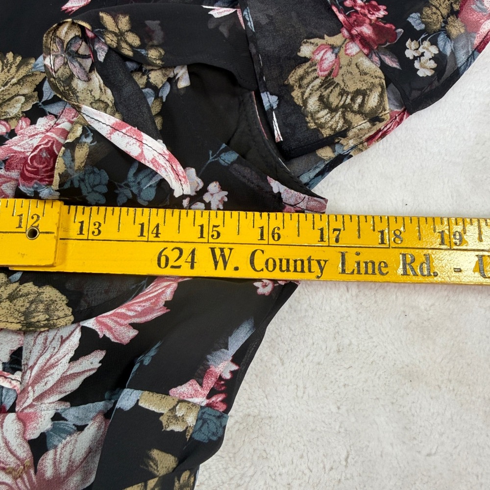 Lulus Black Floral Chiffon Midi Dress Surplice Flutter Sleeve Pink Rose Womens M - Picture 6 of 8
